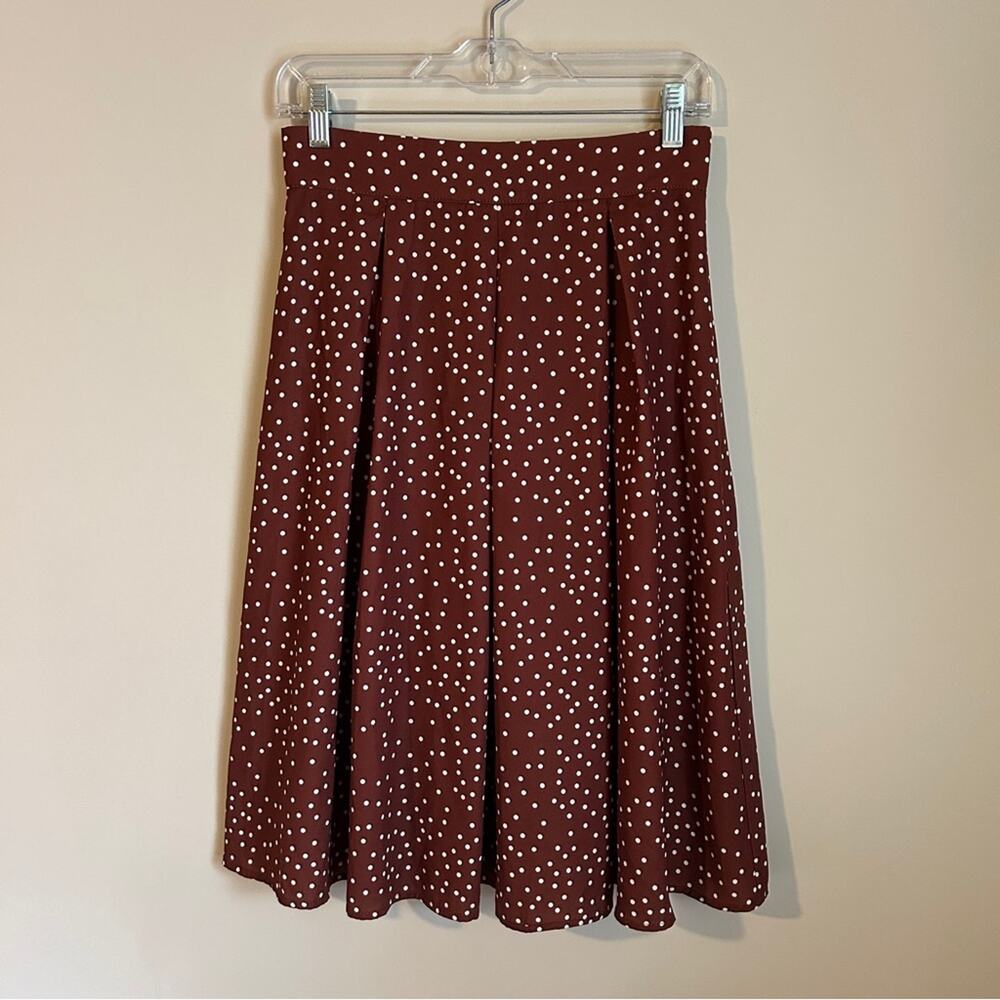 Cocoa Brown/White Polka Dots Pleated Lightweight A-Line Midi Skirt Size Small